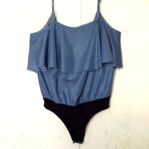 NWT Zara Trafaluc Bodysuit Lightweight Raw Edge Ruffle Blue Size L